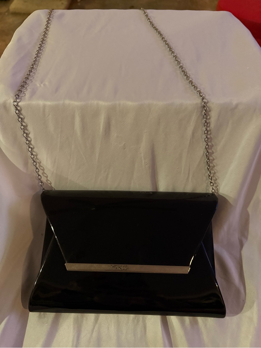 Lulu Townsend Black Patent Envelope Clutch with Silver Chain